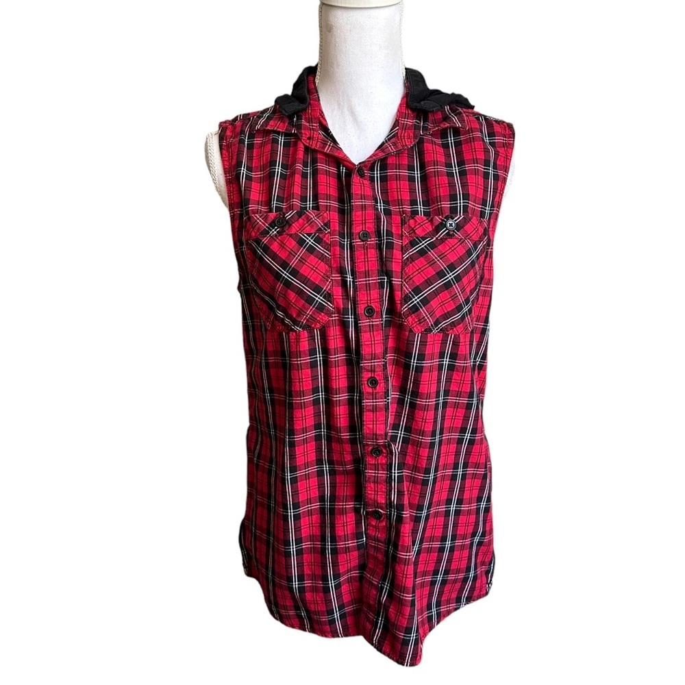 Guess Red Black Plaid Sleeveless Button Down Top Size XS